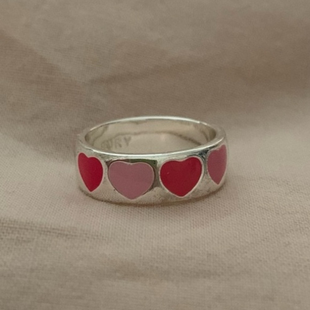 Evry Jewels Silver Tone Chunky Pink Heart Band Ring Size 4.75